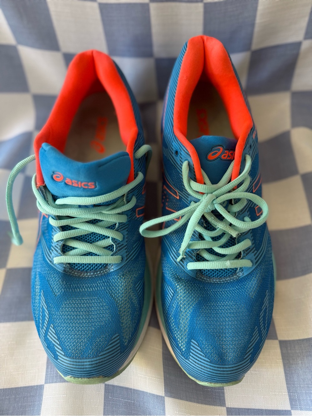 ASICS Blue Sneakers with Coral Interior and Mint Laces